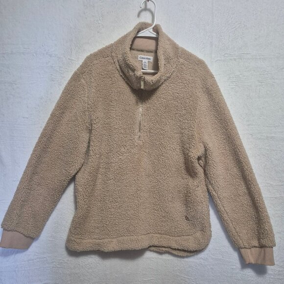 Calvin Klein Sherpa Fleece Pullover Sweater XL Tan Teddy Plush Cozycore - Picture 1 of 9